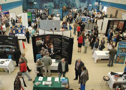 Aerial view of job fair displays and participants