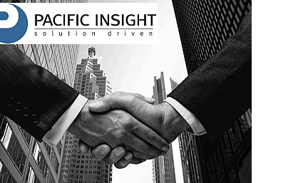 Pacific Insight's logo  and photo of people shaking hands