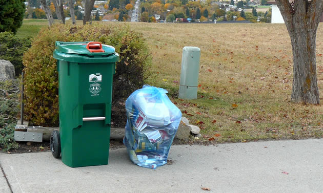 A Grand Forks municipal green bin sits on the curb next to a blue bag of recycling.
