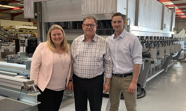 CFO Krystle Seed, CEO and president Ken Kalesnikoff, and COO Chris Kalesnikoff visit Kallesoe Machinery in Denmark to see their new state-of-the-art glulam line in action.
