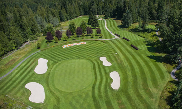 Aerial view of manicured golf course. 