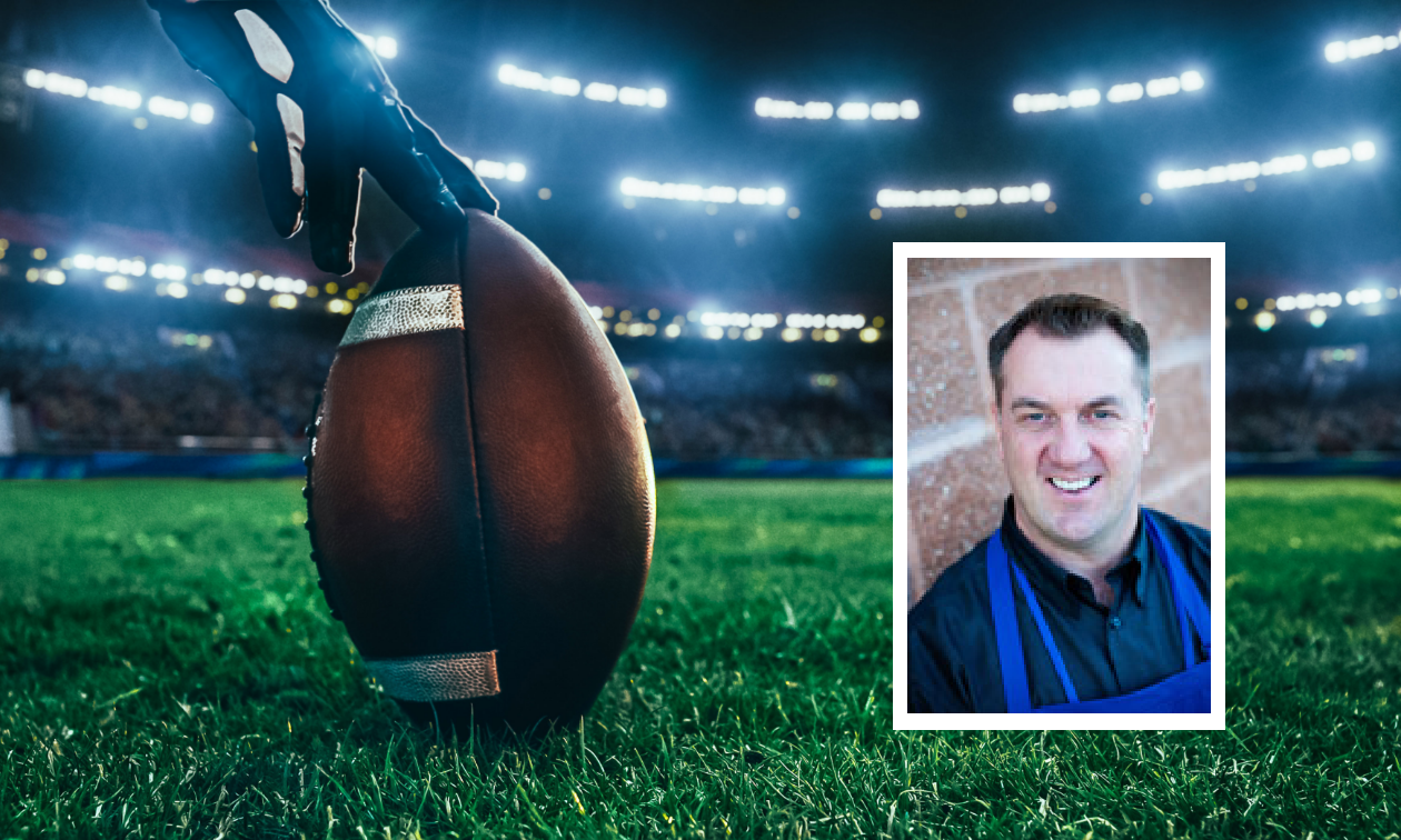 A football is on its end on a football field next to a photo of Mark McLoughlin smiling. 