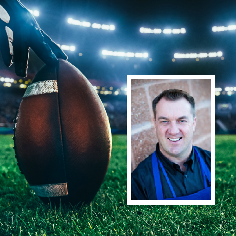 A football is on its end on a football field next to a photo of Mark McLoughlin smiling. 