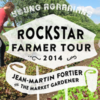 A woman plows between a row of veggies and an overlay gives info on the Rockstar Farmer Tour.