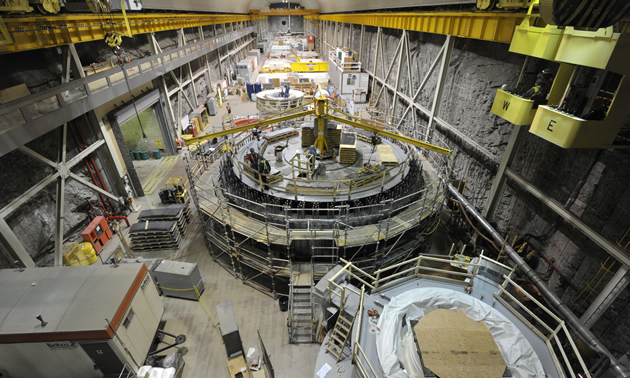 The rotor under construction in the service bay at Mica Generating Station