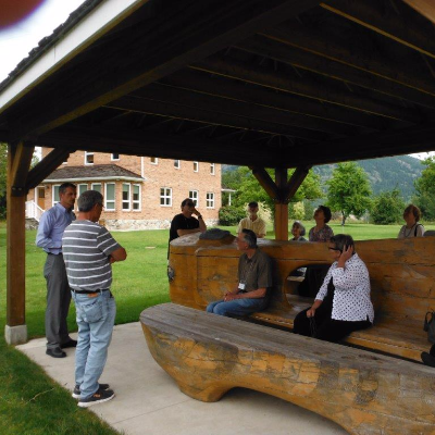 A comfortable conversation bench is featured on the grounds of the Mir Centre for Peace, located on the Castlegar campus of Selkirk College.