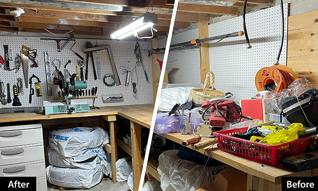 A before-and-after collage showing a messy, disorganized garage and shelving compared to a neatly organized garage. 