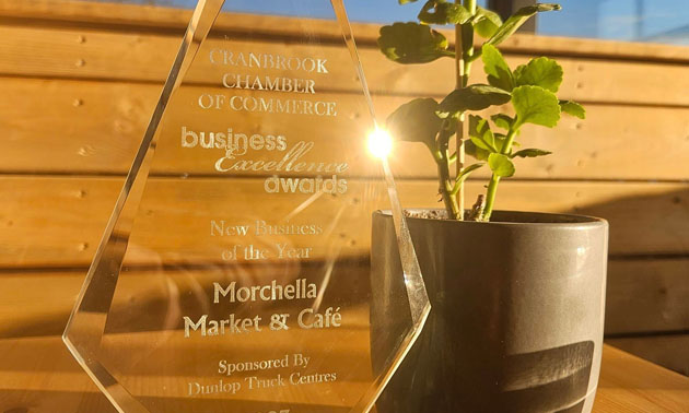 Close-up of Morchella Market award. 