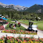 Blue sky and mountains are a beautiful backdrop for a lush green golf course