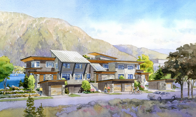 An artist rendition shows an attractive, bright and modern row of townhouses.