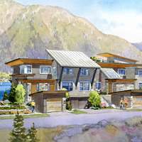 An artist rendition shows an attractive, bright and modern row of townhouses.