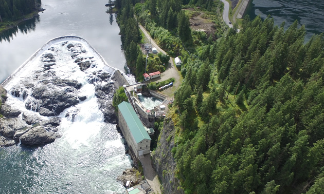 Taken by a drone, this aerial shot of Nelson Hydro’s Bonnington generating station also shows the clearcut (upper right) where the solar garden will be located.

