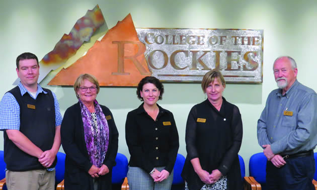 College of the Rockies’ Board of Governors welcomes new members (l-r) Jesse Nicholas, Wilda Schab, Cindy Yates, Krys Sikora, and Steen Jorgensen.