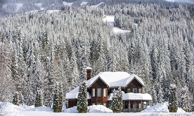 Distant view of snow-covered log house, with mountain view in background. 