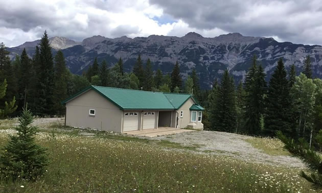 House with green roof, mountain view in background. 