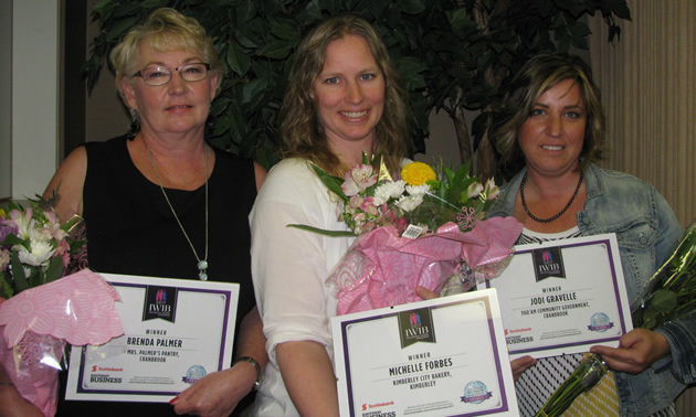 (L to R) Brenda Palmer, Michelle Forbes and Jodi Gravelle received special recognition at the 2017 Kootenay Business magazine Influential Women in Business luncheon on June 8, 2016.
