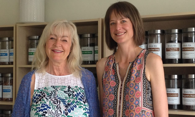 The two owners, Petra and Tiffany Ware, are shown close up with jars of loose tea behind them.