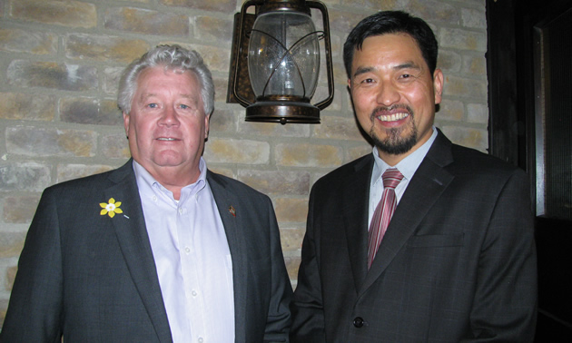 Lee Pratt (left), mayor of Cranbrook, with David Kim, Cranbrook CAO, at the April 19 chamber of commerce luncheon