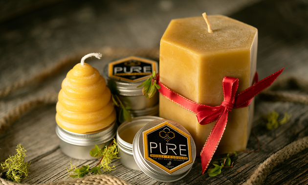 Products from the Pure Honey store: beeswax wraps, candles.