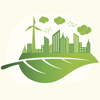 A logo of a leaf with a renewable city on top of it.