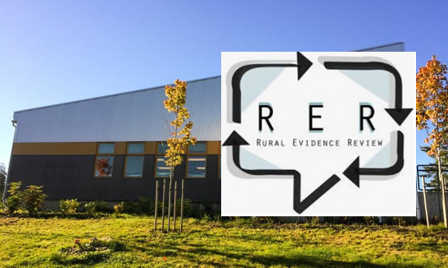 Rural Evidence Review logo, with health care building in background. 