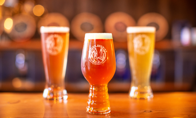 Three glasses of beer from Radium Brewing sitting on wooden tabletop. 