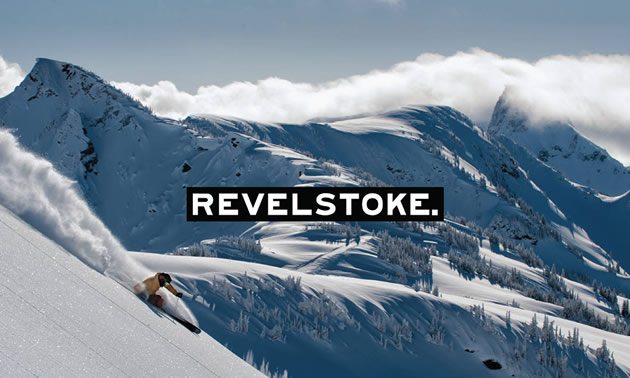 Picture of ski scene, with word REVELSTOKE in large plain font. 