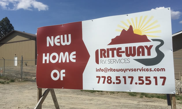 Sign showing new home of Rite-Way RV Services. 