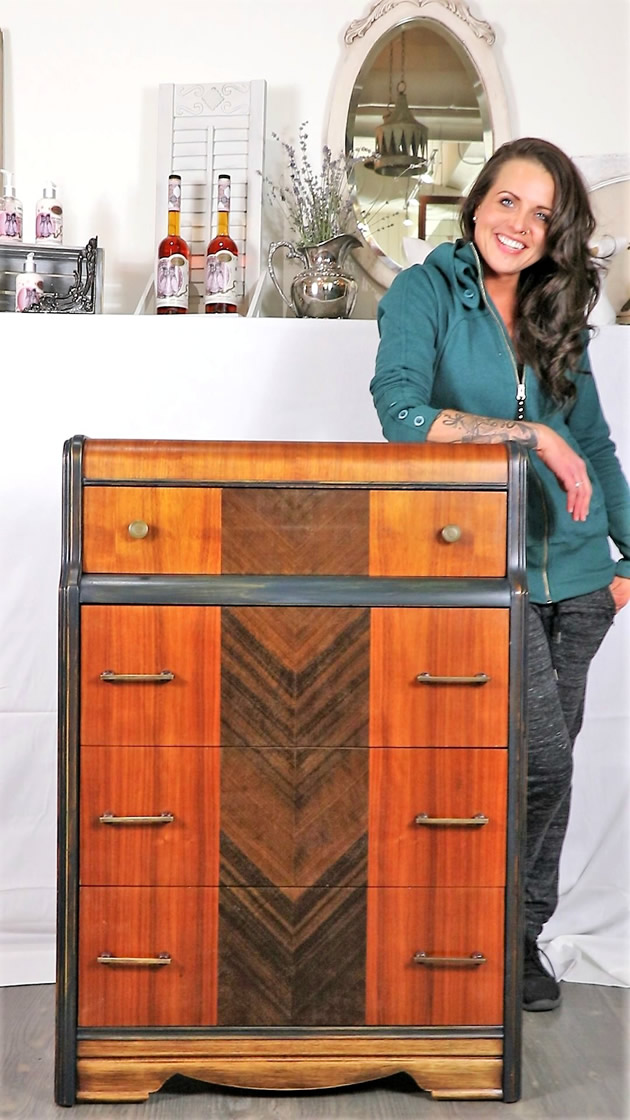 Robin gallant and her newly renewed and restored furniture in Nelson, B.C.