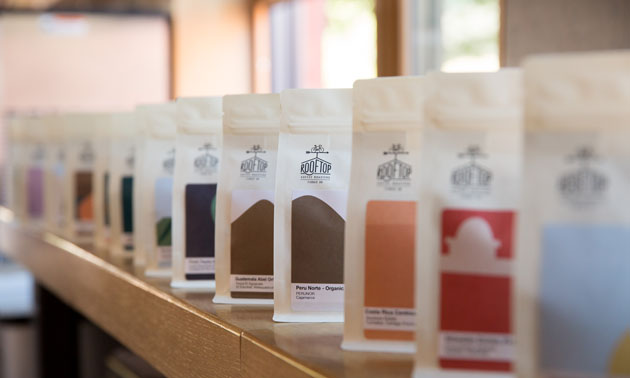 Line up of coffee bags. 