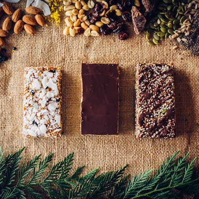 Three granola bars are shown, called Mountain Bites.