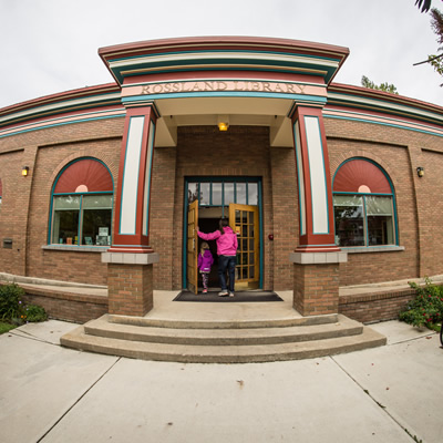 Fish-eye lens view of the Rossland Library. 