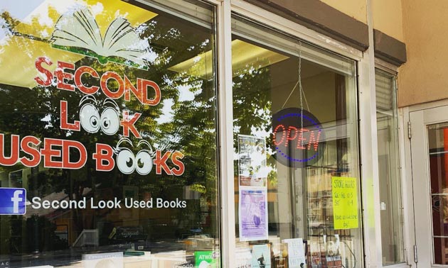 Front window of Second Look Used Books in Castlegar. 