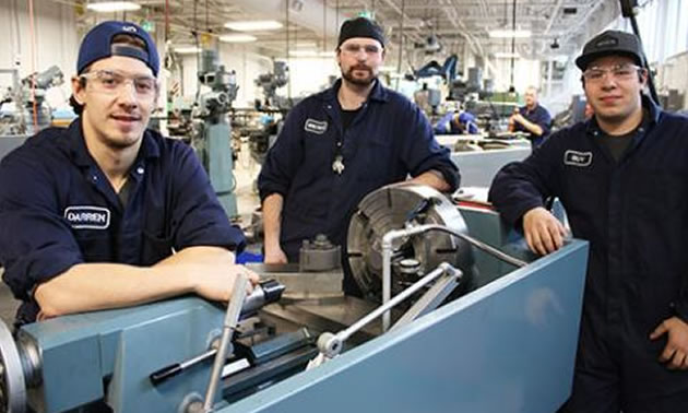 Selkirk College Millwright/Machinist Foundation Program students (L-R) Darren Mederios, Greyson Kozakevich and Guy Vercillo are members of the first cohort to use the newly renovated shop spaces at Nelson’s Silver King Campus.
