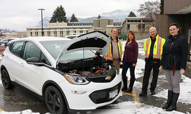 Members of the Selkirk College facilities team—(L-R) Mike Geisler, Melanie Perepolkin, Ron Zaitsoff and Pauline de Grandpre—check out the new Chevrolet Bolt which has been added to the college fleet.