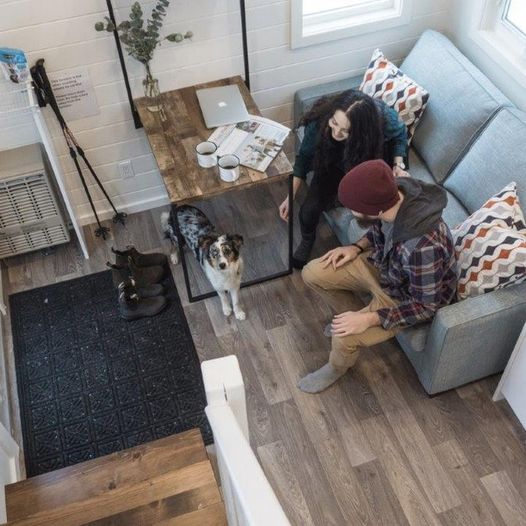 Couple with dog in tiny home. 