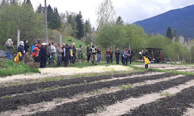 A group of people looking over a farmers field. 