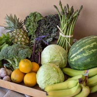 Produce box, filled with assorted vegetables and fruit. 