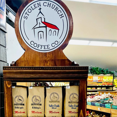 Display of Stolen Church Coffee in local grocery store. 