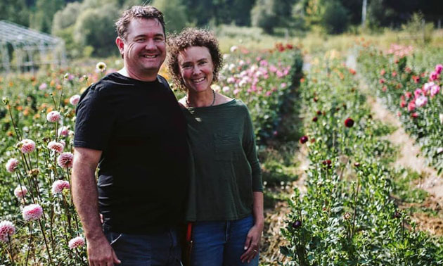 Carl & Sarah Kistner, owners of Stone Meadow Gardens, standing in a field of flowers. 