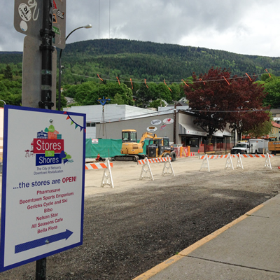Hall Street in Nelson, B.C., is open for business in spite of infrastructure work that is causing traffic detours.