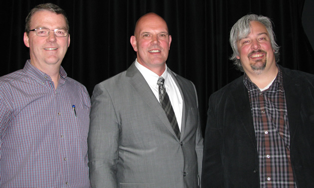 (L to R) Dave Struthers, president, Cranbrook Chamber of Commerce; David Wilks, MP, Kootenay-Columbia; Marty Gundarson, project manager, River's Crossing. 