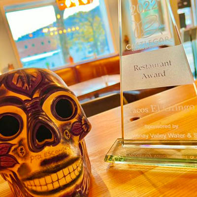 A paper-mache Mexican-style painted skull, sitting next to glass Business Excellence award. 