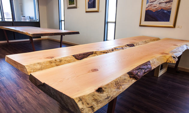 Live edge workspace tables at Revelstoke Co-Working Space. 