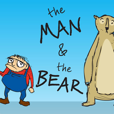 Illustrated cover of book showing a small man dressed in blue coveralls and a large bear, with the text 