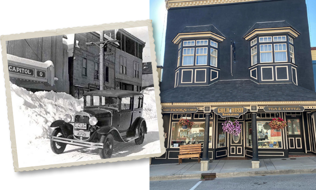 Then and now photo collage of the Gold Rush Bookstore. 