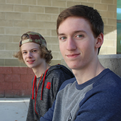 Tim Baldwin (L) and Jordan Strobel were the winners of the senior category of the 2014 Junior Dragons' Den competition in Trail, B.C. Their business is called Ebon Supply Co. 