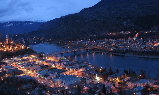 Trail, B.C., at night along the banks of the Columbia River.