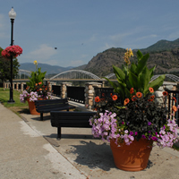 Blooming flowerpots and hanging baskets beautify Trail, B.C.