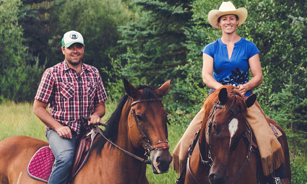 Tyler McNaughton and Sacha Bentall, owners of Cutter Ranch, on horseback on their farm near Fort Steele, B.C.
